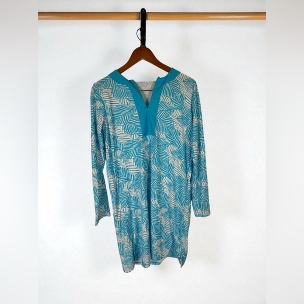 Coolibar Shoreside Swim Cover Up Dress Blue Leaf Print Small